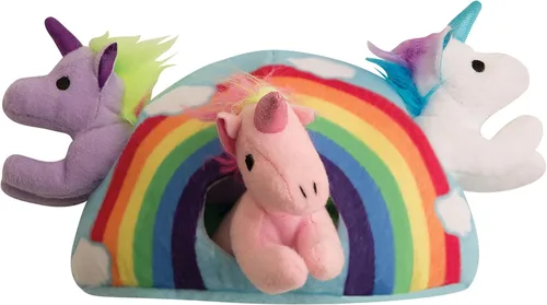 Snugarooz - Juguete para perro con parche de reparación – Arco iris de peluche interactivo con 3 unicornios chirriantes – Diseñado para un juego