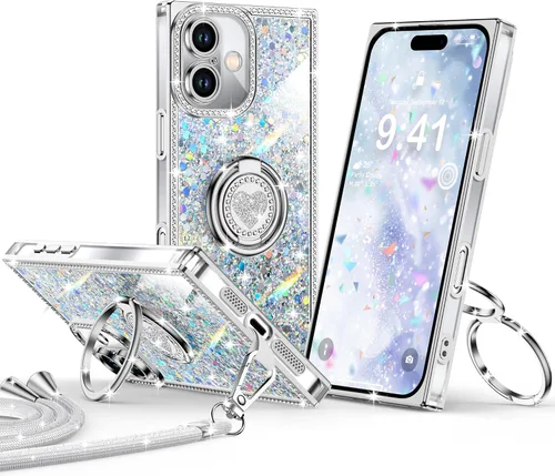 Miniatura 50 de XYZ Funda para iPhone 13, con purpurina brillante con soporte de corazón de 2 anillos y cordón, funda protectora a prueba de golpes con diamantes