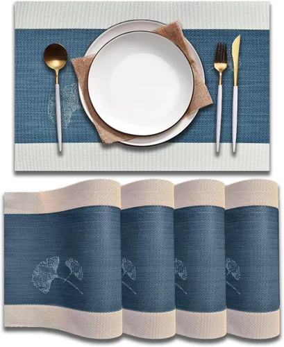 Miniatura 26 de Juego de 6 manteles individuales de plástico lavables para mesa de cocina, resistentes al calor, de vinilo tejido, para exteriores, 12 x 18 Dorado