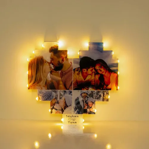 Miniatura 4 de Marcos de fotos personalizados de corazón, decoración de pared, marco de fotos personalizado con luces LED, collage de múltiples fotos para 4 fotos