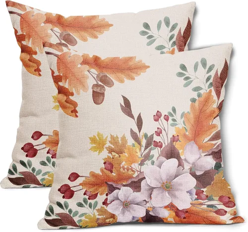 Juego de 2 fundas de almohada de hojas otoñales naranjas otoñales de 20 x 20 pulgadas, diseño de hojas florales de Acción de Gracias, juego de 2
