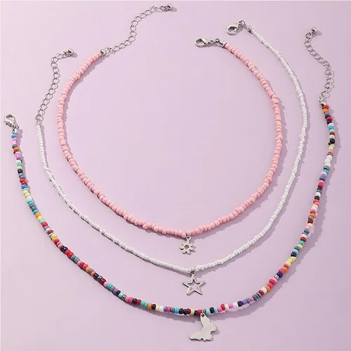 Miniatura 4 de Gargantilla hecha a mano de múltiples capas con cuentas coloridas de arcoíris, cadena de eslabones con dije de luna, estrella, mariposa, amistad