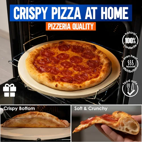 Miniatura 2 de KitchenStar Piedra para pizza de 16 pulgadas para horno y parrilla de barbacoa con asas, redonda, 5/8 pulgadas de grosor, cordierita natural