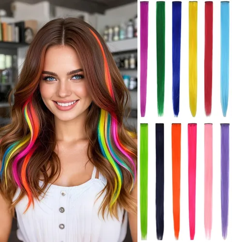 12 extensiones de cabello sintético lacio de color con clip, de 22 pulgadas, para mujeres, niños y niñas, reflejos para fiesta (liso, 12 colores)