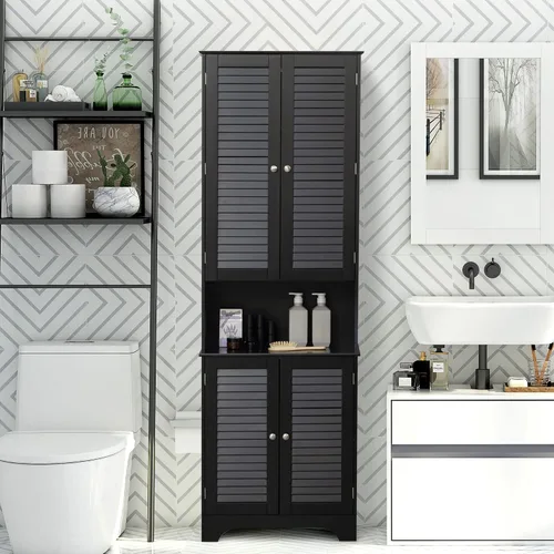 Miniatura 2 de HOMCOM Armario de almacenamiento alto y estrecho para baño con puertas y estantes ajustables, gabinete de lino independiente con 2 armarios