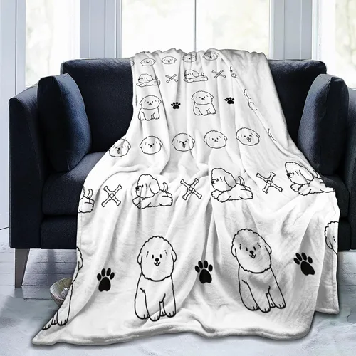 Manta Bichon Frise, 30 x 40 pulgadas, sin costuras, bocetos negros de bichón, cabezas de cachorro, patrón de huesos y patas, manta de franela de