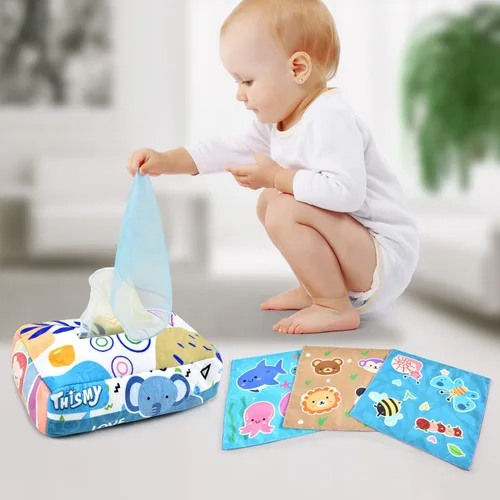 Miniatura 5 de Juguetes para bebés 6-12 meses, juguete de caja de pañuelos montessori para bebés 6-12 18 meses, juguetes sensoriales suaves con contraste y crujido