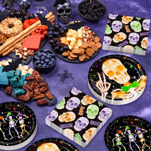Miniatura 3 de DYLIVeS Suministros de fiesta de Halloween de esqueleto, platos de papel de calavera, platos de postre y servilletas de almuerzo para decoración