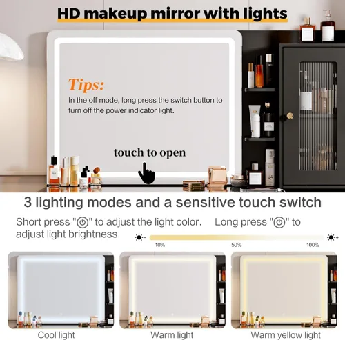 Miniatura 5 de Arulvmrn Escritorio grande y moderno de 47.24 pulgadas con espejo y luces, escritorio de tocador con espejo iluminado HD de 29.53 pulgadas, tocador