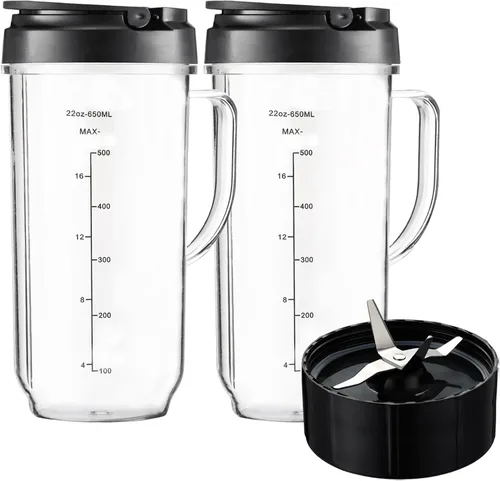 Vasos de repuesto para licuadora Magic Bullet 250W MB1001 MBR-0701AK, taza alta de 22 onzas con tapa abatible con marcas medidas y hoja cruzada,