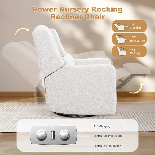 Miniatura 6 de Power Nursery Recliner Rocking Chair with Waist Pillow, Comfy Teddy Farbric, High Back & Lumbar Support Swivel Gilder Recliner for Adults, Living