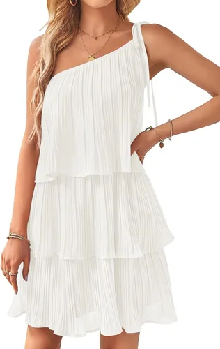 ZESICA Vestido corto bohemio de verano para mujer, con un hombro, sin mangas, con volantes, escalonado, de gasa, plisado, acampanado, para mujer