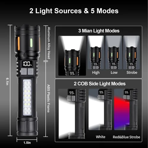 Miniatura 2 de Linternas recargables de alto lúmenes, paquete de 2 unidades, Peascat 900,000L LED luz táctica, carga rápida USB C, 5 modos, IPX6 impermeable