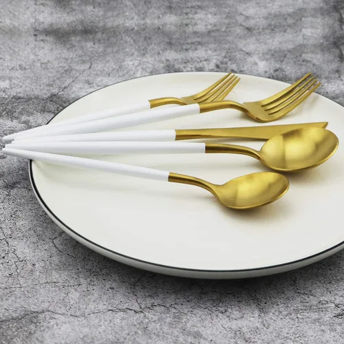 Miniatura 7 de Juego de cubiertos color dorado mate con mango blanco, Gugrida 5 piezas de acero inoxidable 18/10 acabado satinado, juego de utensilios de cocina