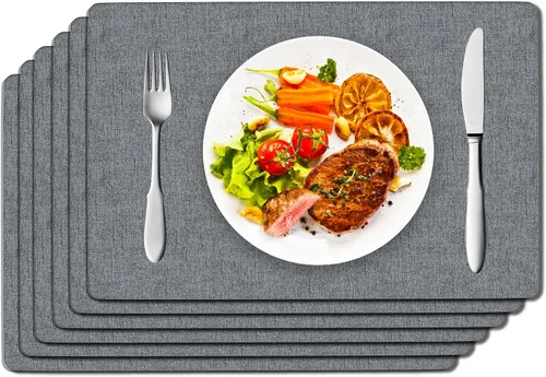 DOLOPL Juego de 6 manteles individuales de piel sintética azul polvoriento, resistentes al calor, para mesa de comedor, impermeables, a prueba de
