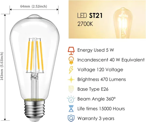 Miniatura 7 de LVWIT ST21 Bombilla LED de filamento de 5 W (equivalente a 40 vatios), regulable, 2700 K, blanco cálido, bombilla Edison vintage E26, base mediana