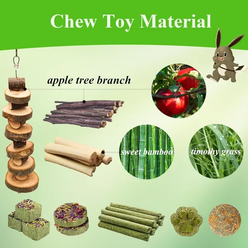 Miniatura 4 de Grddaef Juguetes para conejos, juguetes para conejillos de indias 25 piezas Heno natural Timothy Masticables y golosinas para conejito, chinchilla
