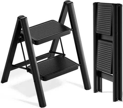SOLADDER Taburete de 2 peldaños con pedal antideslizante y ancho, escalera de hierro portátil plegable para el hogar y la cocina, 300 libras, color