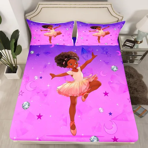 Miniatura 2 de Erosebridal Juego de sábanas tamaño individual para niñas negras y africanas americanas, juego de sábanas psicodélicas moradas de galaxia de ballet