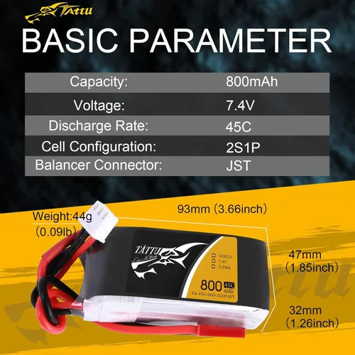 Miniatura 2 de TATTU Paquete de batería LiPo de 800mAh 7.4V 45C 2S1P con enchufe JST-SYP (2 piezas)