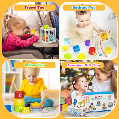 Miniatura 6 de Juguetes Montessori 6 en 1 para bebés recién nacidos, bloque de apilamiento suave, anillo de formas de aprendizaje sensorial para bebés, recipiente