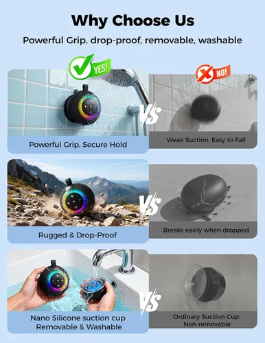 Miniatura 7 de Altavoz de ducha Bluetooth impermeable IPX7: ventosa extraíble con bloqueo de vacío, sonido envolvente de 360°, luces RGB, altavoz inalámbrico Negro