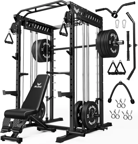 Miniatura 26 de JELENS M21 - Máquina Smith, jaula de potencia multifunción con sistema de cruce de cable de polea doble, banco de sentadillas todo en uno de 907 kg