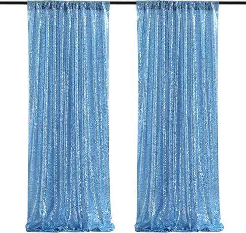 Cortinas de fondo de lentejuelas con purpurina azul bebé, 2 piezas de 2 x 8 pies, telón de fondo de fiesta de baby shower para niños, hermosas