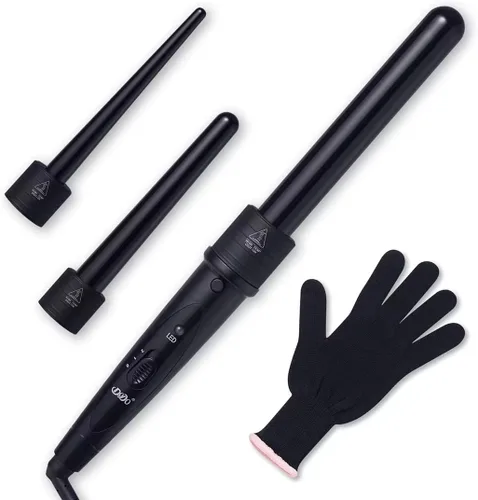 iMissiu Turmalina 3 en 1 Conjunto de Varita Rizadora con 3 Barriles de Cerámica Intercambiables para Rizador con Guante Resistente al Calor – Negro