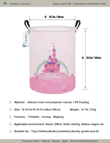 Miniatura 2 de Cesto de Ropa Sucia, Cesta de Almacenamiento Redonda Impermeable con Asa, Plegable, Castillo Rosa, 19.7 pulgadas (Alto) x 15.7 pulgadas (Diámetro)