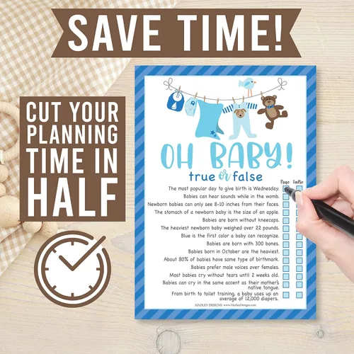 Miniatura 7 de Hadley Designs Juegos de baby shower para 25 invitados – Juego de ropa azul para baby shower, juego de baby shower verdadero o falso, juego