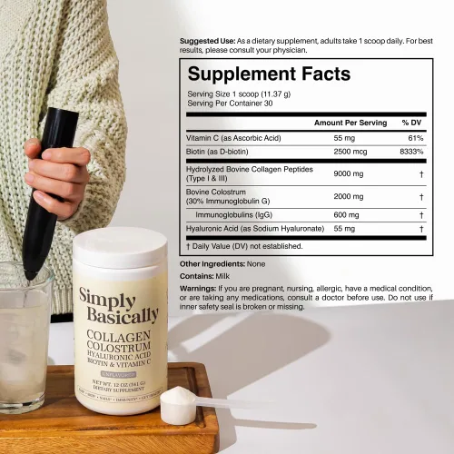 Miniatura 9 de Polvo de péptidos de calostro y colágeno con biotina, ácido hialurónico y vitamina C Salud intestinal e hinchazón, apoyo inmunológico, suplemento