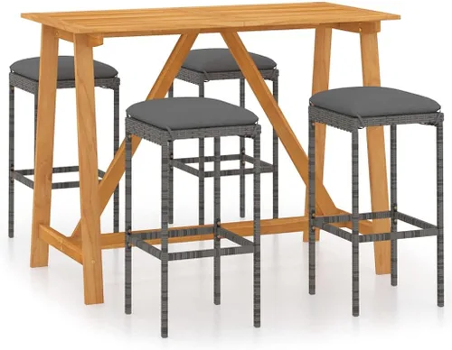 Miniatura 2 de Ensemble de Bar de Jardin 5 Pièces Gris en Bois d'Acacia Massif avec Cousins Amovibles pour Patio, Balcon, Terrasse - Table et Tabourets Résistants