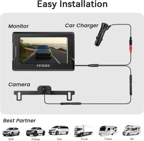 Miniatura 2 de FEISIKE Cámara de respaldo, visión nocturna IR 1080P con monitor, cámara de visión trasera plug-play fácil de instalar, gran angular de 150 grados
