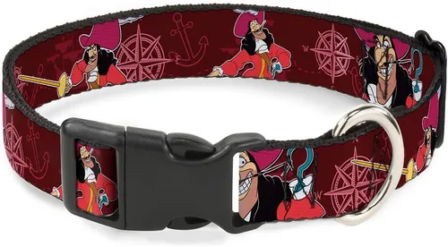 Buckle-Down Collar de clip de plástico - Poses de gancho Capitán/Elementos náuticos Borgoña - 1" de ancho - Se adapta a cuello de 9-15" - Pequeño