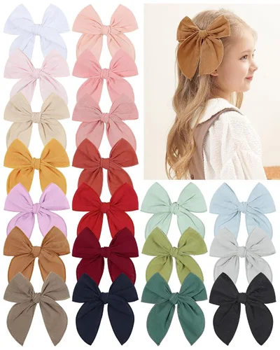 20 Lazos para el Cabello de Niñas Bebé Fable de 5.5 Pulgadas, Pinzas de Cocodrilo de Algodón y Lino, Accesorios Grandes Neutros Hechos a Mano para