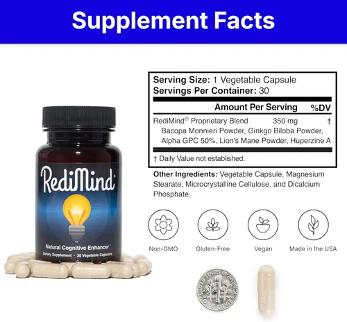 Miniatura 6 de RediMind - Suplemento Natural para Mejora Cognitiva en Cápsula - Sin GMO, Vegano, Sin Gluten
