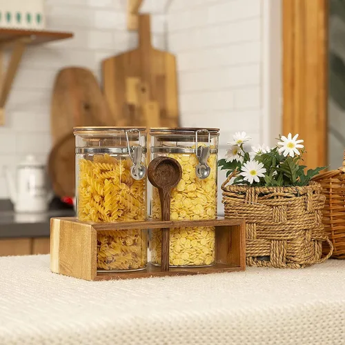Miniatura 6 de Yangbaga Recipiente de Café de Vidrio con Estante de Madera, Juego de 2×45OZ Recipientes de Café y Azúcar, Recipientes de Café con Tapas Herméticas