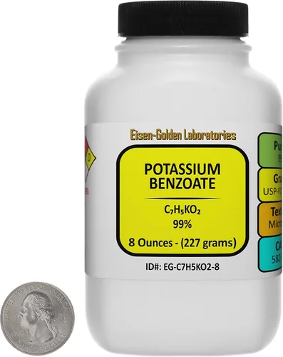 Benzoato de potasio [C7H5KO2] 99% USP-FCC Microprills de grado alimenticio 8 oz en una botella