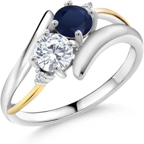 Gem Stone King Anillo cruzado de 2 piedras de zafiro azul de 112 quilates y oro amarillo de 10 quilates cultivado en laboratorio con 2 piedras Metal