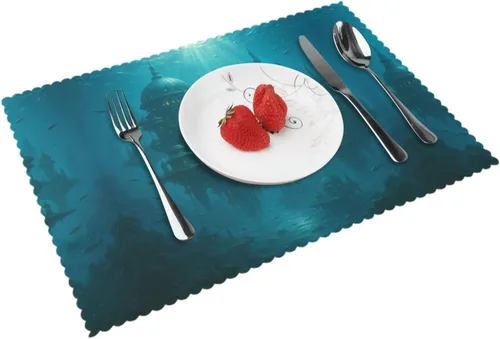 Miniatura 15 de Juego de 4 manteles individuales rectangulares, resistentes al calor 3D isométricos impresos para cocina y comedor