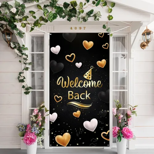 Cartel de bienvenida para puerta, decoración de cubierta de puerta de fiesta de regreso a casa, fiesta de jubilación, fondo de fondo para cabina de