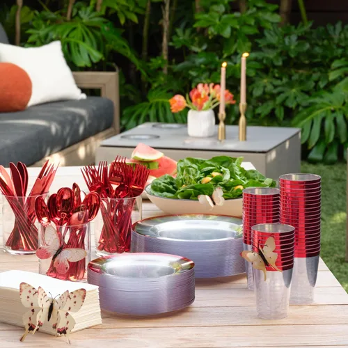 Miniatura 6 de By Madee Premium - 100 platos de plástico transparente y rojo para fiesta, 50 platos de cena y postre con ribete metálico, extra pesados, 30% más