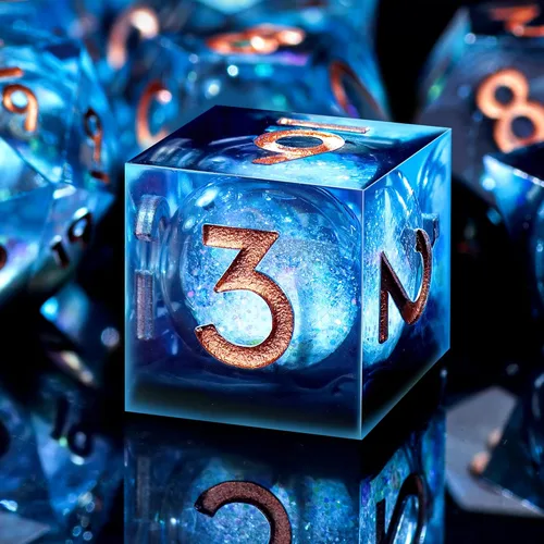 Miniatura 13 de AUSTOR Juego de dados DND de resina de núcleo líquido, de borde afilado poliédricos, juego de 7 dados DND de arena movediza hechos a mano de resina