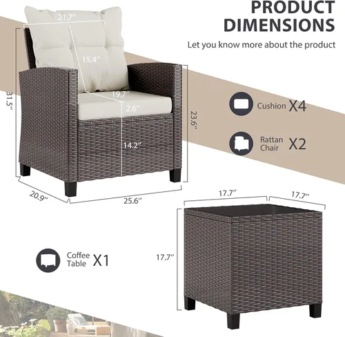 Miniatura 5 de Vongrasig juego de 3 muebles de patio de mimbre para exteriores, pequeño juego de ratán para porche delantero, juego de bistró con sillas acolchadas