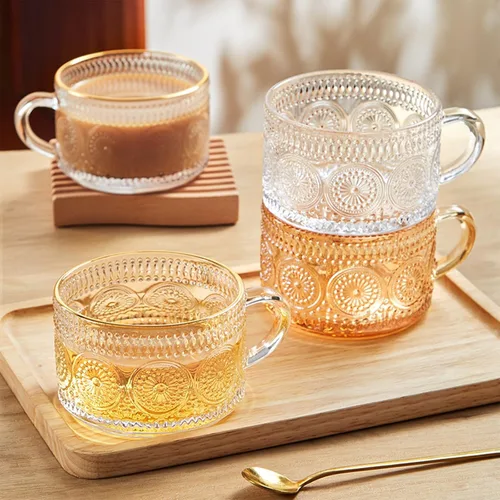 Miniatura 6 de MFACOY Juego de 2 tazas de café vintage, tazas de té de vidrio de 14 onzas con asa, tazas de vidrio en relieve ámbar para capuchino, latte