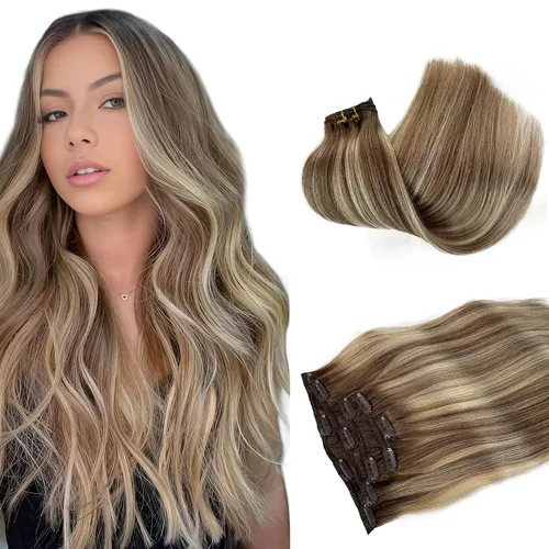 Miniatura 32 de Extensiones de cabello rubio ceniza con reflejos, extensiones de cabello humano real con clip, de 12 pulgadas, 2.47 onzas, doble trama, invisible