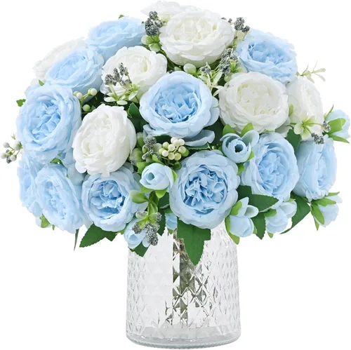 Miniatura 22 de MARTINE MALL 2 Paquetes de Flores Artificiales de Peonía, Flores Artificiales Azules de Peonía, Flores de Seda de Peonía, Flores de Peonía Falsas