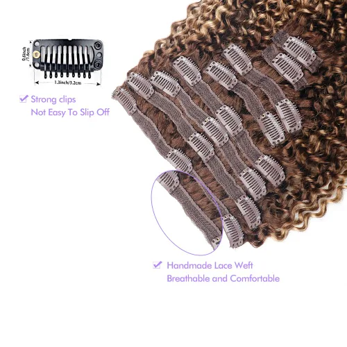 Miniatura 5 de Extensiones de cabello humano real rizado con clip, balayage, color marrón chocolate a rubio caramelo, 8 piezas con 18 clips, 4.23 oz/juego