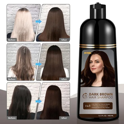 Miniatura 6 de Ivnil - Champú de tinte para cabello castaño oscuro para cobertura de cabello gris, champú permanente 3 en 1 para canas, Champu con tinte
